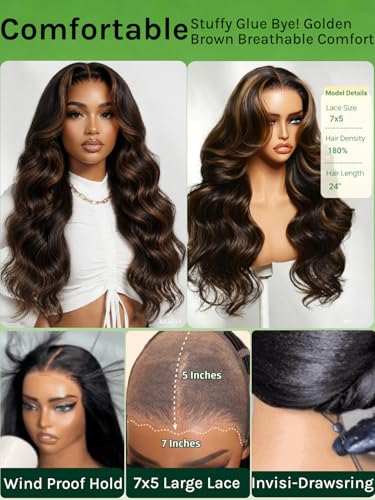 KLAIYI Loose Body Wave Lace Front Wig with Drawstring, 7x5 No Slip, Golden Brown Highlights, 16 Inch, Pre-Plucked, Bleached Knots, Ready to Wear
