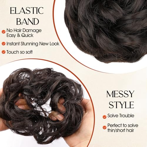 RONTAYA Messy Bun Hair Pieces - 2pc Dark Brown Wavy Curly Updo