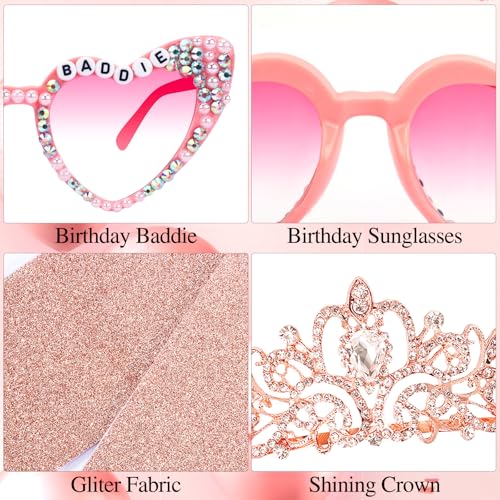 Rose Gold Birthday Decorations Set with Sash, Crown & Sunglasses for Women
