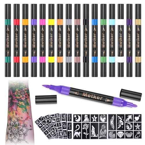 Temporary Tattoo Markers for Skin | Dual-End 16-Count Body Markers + 77 Large Tattoo Stencils | Temporary tattoos for Adults and Kids | Flexible Brush Tip, Bright colors, Skin-Safe*, Cosmetic-Grade