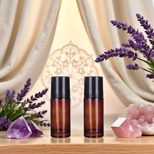 50ml Brown Glass Roller Bottles Set of 2 – Refillable Rollerball Containers for Essential Oils & Fragrances