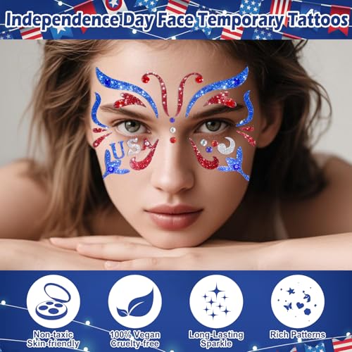 Yosca 6Pc Red White Blue Glitter Temporary Tattoos 4th July