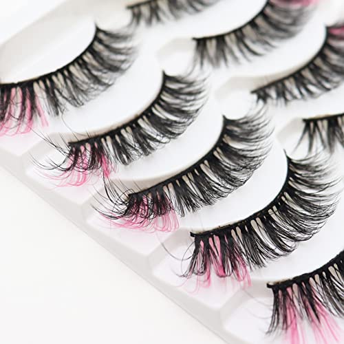 Pink Colored Wispy Lashes 14-16mm Full Volume 3D Fake Eyelashes 5 Pairs