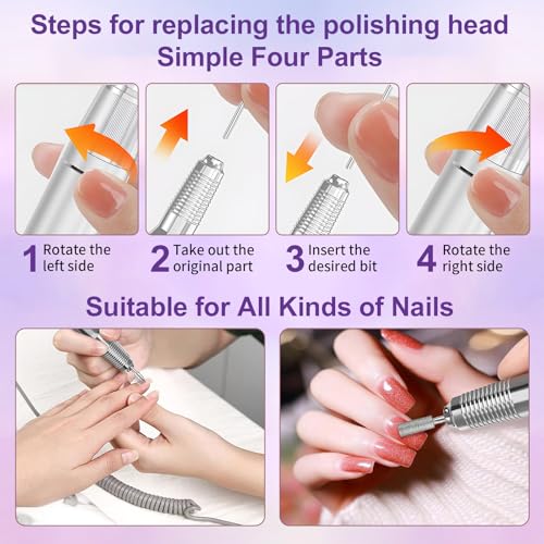 Nail Drill Professional Electric 35000RPM Nail Drill Kits Purple Portable Nail E File Machine with Bits & Base for Acrylic Gel Nail Polish Remover Cordless Rechargeable Nails Manicure for Salon Home
