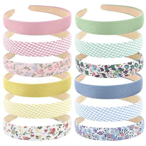 Wecoe 12pcs Headbands for Women Girls Summer Flower Floral Plain Checked Plaid Printed Headbands Hairbands Diy Costume Hair Accessories Women Girls Diademas Coreanas Para Mujer Gifts