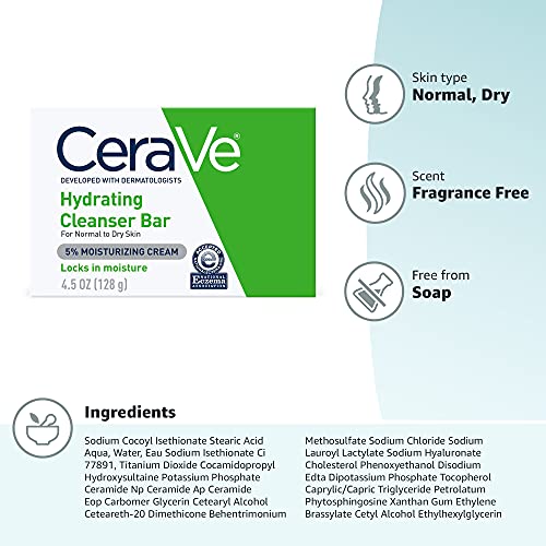 CeraVe Hydrating Cleanser Bar - Soap-Free Body and Facial Cleanser with 5% Moisturizing Cream - 4.5 Ounce Bar