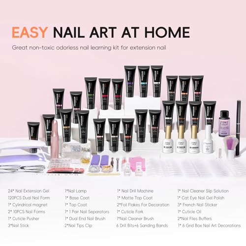 PEACECOLOR 52Pcs Poly Gel Nail Extension Kit with UV Light & Drill - 24 Colors
