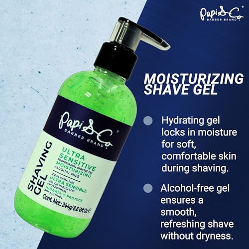 Papi & Co. Shave Gel Men ? Sensitive Skin Shaving Gel with Brazilian Mint Oil ? Clear Non-Foaming Formula for Beard and Mustache ? Moisturizing Barber Grooming Skincare, Alcohol-Free ? 8.6oz