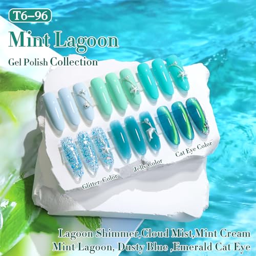 Double Rhythm 6 Pcs Gel Nail Polish Set - Mint Green Cat Eye & Glitter