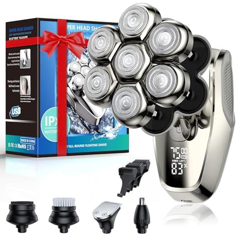 7D Head Shavers for Bald Men, Upgrade 5 in 1 Waterproof Electric Razor Men's Grooming Kit, Detachable Wet/Dry Anti-Pinch Head Shavers for Bald Men, LED Display Type-C Charge Head Shaver