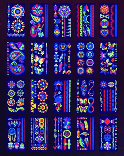 Glow in The Dark Temporary Tattoos - 20 Sheets, 160+ UV Neon Designs