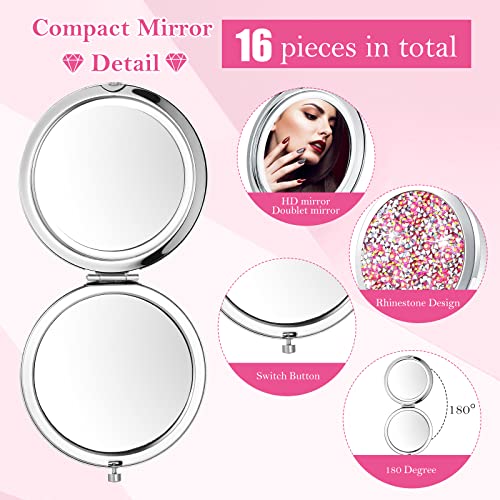 Maitys 16 Pcs Compact Mirror Bulk for Purses Small Cosmetic Folding 2.75 Inch Round Diamond Bling 1X/ 2X Magnifying Pocket Makeup Mirror for Women Wedding Gift, Pink Silver