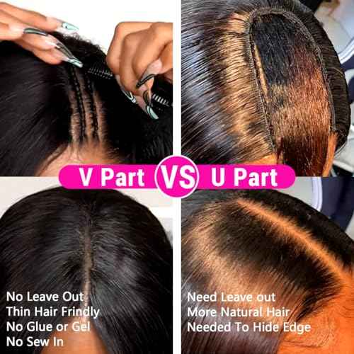 V Part Wigs Human Hair Straight Minimal/No Leave Out Upgrade U Part Wig for Black Women Clip in Half Wig 200% Density No Lace No Glue No Sew Natural Black 18 Inch