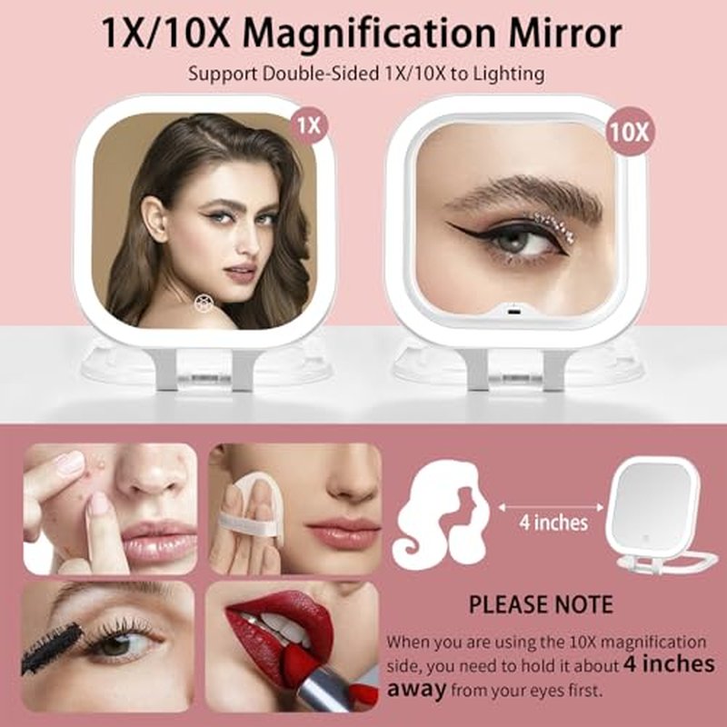 DESCHEN 10X Magnifying Travel Makeup Mirror with Rechargeable LED