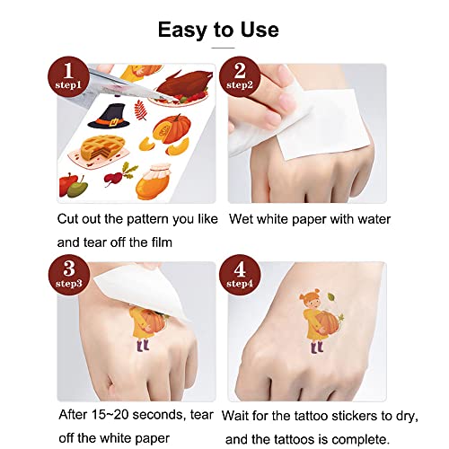 88 Pieces Fall Temporary Tattoos for Kids Women, 10 Sheets Autumn Fake Tattoos Thanksgiving Day Party Decorations Maple Leaf Turkey Scarecrow Pumpkin Cute Design Waterproof Tattoos Stickers Supplies