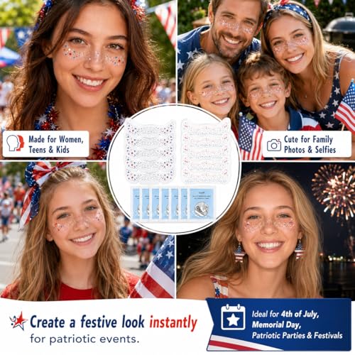 Patriotic Glitter Freckle Tattoos - 10pc Kit + Remover Wipes