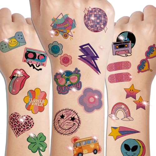 CHARLENT Groovy 70s Glitter Temporary Tattoos for Kids - 74 Designs