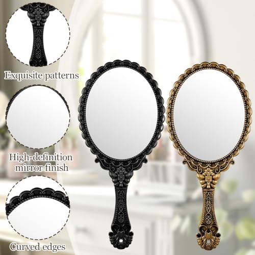 2 Pack Vintage Hand Mirrors with Ergonomic Handle - Black & Antique Gold