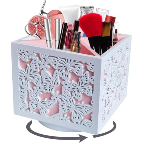 360 Rotating Makeup Brush Holder with Butterfly Cutout, Pink Makeup Brush Organizer for Vanity - 4 Compartment Spinning Wooden Desk Organizer for Pens, Lipsticks, Eyebrow Pencils