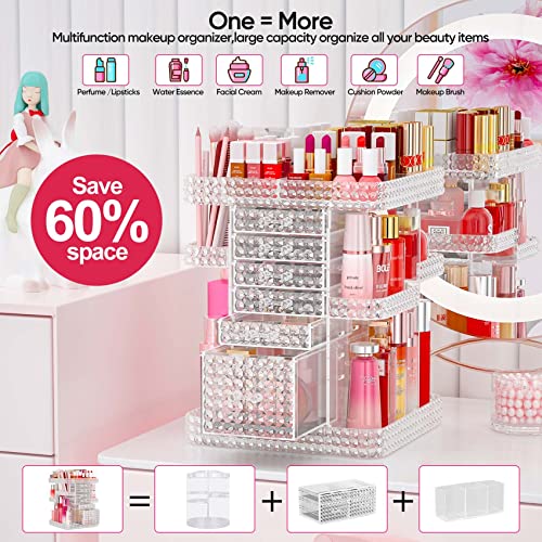 2 Pack Makeup Organizer Set, Rotating Makeup Organizer with 6 Drawers, Makeup Brush Holder, Clear
