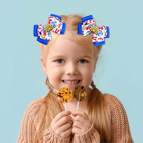 HAIMITI Back to School Hair Bows School Bus Hair Clips Letter Blue Hair Bow Clip Cute Cartoon Hairpins for Little Toddler Girls Students Kindergarten First Day of School Hair Accessories 2pcs