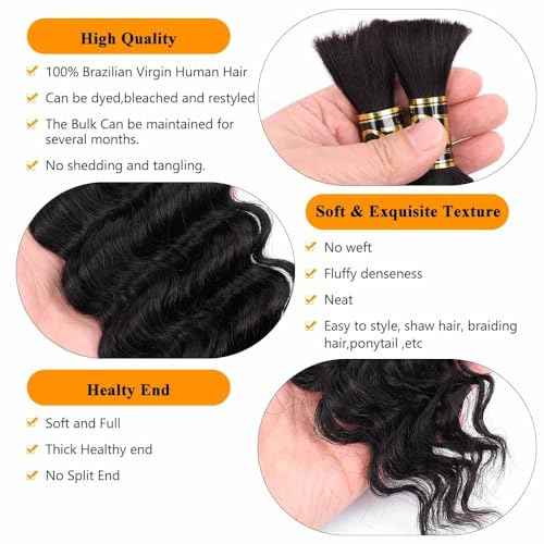 QTHAIR Deep Wave Human Hair Bulk For Braiding No Weft (20"#1 Jet Black)16A 100% Unprocessed Brazilian Virgin Hair Extensions Deep Wave Bundle Human Hair Bulk Hair for Brading