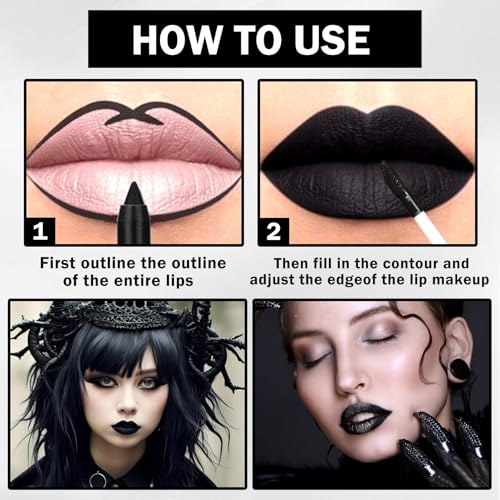 Black Lipstick Black Lip Liner Set Matte Lipstick 2PCS Long Lasting Lip Stain and Lip Liner Set for Halloween Cosplay Goth Makeup