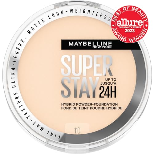 Maybelline Super Stay Up to 24HR Hybrid Powder-Foundation, Medium-to-Full Coverage Makeup, Matte Finish, 110, 1 Count