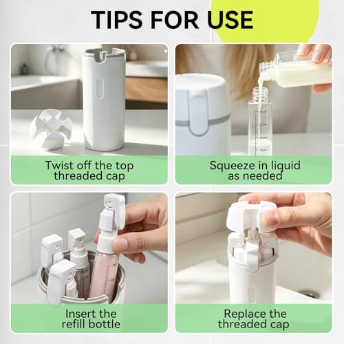HABSKT White 4-in-1 Travel Dispenser with Pump - Refillable Toiletry Bottles Set