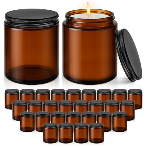 Tecohouse Amber Candle Jars, 30 Pcs 8oz Glass Jars with Lids for Making Candles with White Labels & Inner Liners, Empty Airtight Round Cosmetic Containers for Cream, Spice, Lotion, Ointments, Liquid