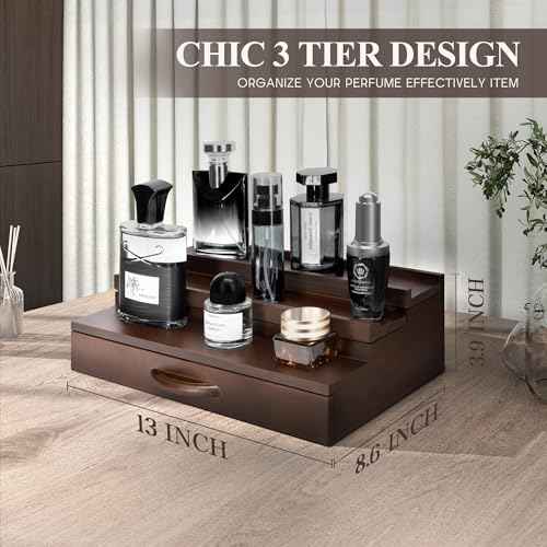 EOSAHR Farmhouse Wooden Cologne Organizer for Men - 3 Tier Perfume Stand Organizer for Dresser with Storage Drawer and Hidden Compartment - Great Gift for Men (Retro Brown)