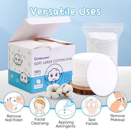 Cottonessence Large Oval Cotton Pads (100 Count) - 100% Pure Cotton Makeup Pads