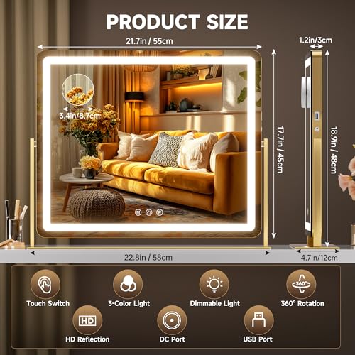 Hasipu Vanity Mirror with Lights 24" x18¡± -Makeup Mirror with Lights and 5X Magnification, Phone Holder, USB Charging & Smart Touch 3-Color Lighting (Gold)