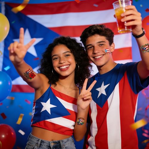 Puerto Rico Temporary Tattoos, 8 Sheets 200+ PR Rican Flag Fake Tattoo Stickers, Puerto Rico Party Decorations for Patriotic Anniversary Veterans National Day Festival Decor