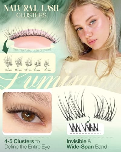 Lvmixwig B-Natral Short Lash Clusters 8-12MM Natural Eyelash Extensions, Wispy & Invisible Band, 150PCS