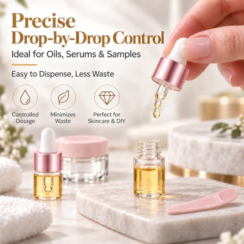 50 Pack 1ml Glass Dropper Bottles with Jars, Spatulas | Eikovia Pink/White Set