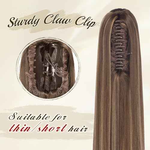 FESHFEN Claw Ponytail Extensions - Long Straight Ponytails for Women Hairpieces Synthetic Hair Pony Tails Extension Clip in Hairpiece, 25 inch Honey Blonde Mixed Light Brown