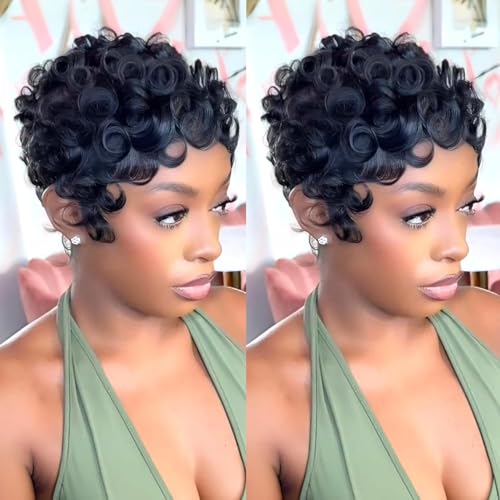 Pixie Cut Wig Human Hair Glueless With Bangs Natural Black