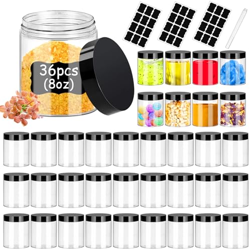 Plastic Jars with Lids 8OZ 36PCS,Small Cosmetic Slime Containers Clear Travel Round Jars Empty Refillable Sample Containers Leak Proof Pot with Black Lids for Lotion, Cream, Cosmetics