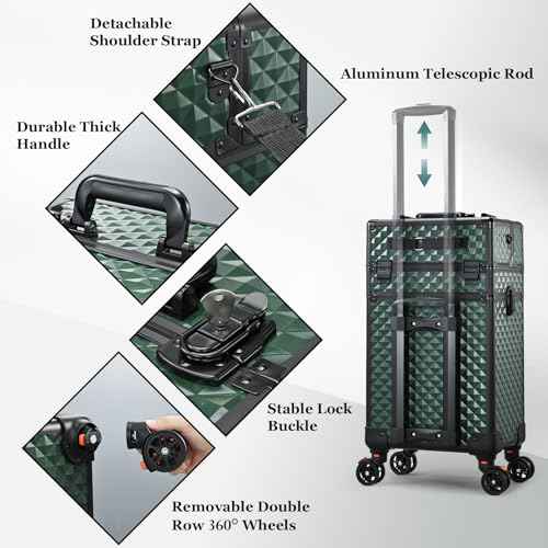 Joligrace Rolling Makeup Case with Wheels & Drawers Large Professional Cosmetology Trolley Case Travel Cosmetic Storage Train Cases for Nail Technicians, Makeup Artist and Hairstylist Dark Green