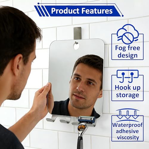 Yuibthr 6.8 x 5.4 Inch Fogless Shower Mirror with 2 Razor Holders, Anti-Fog Wall Bathroom Mirror
