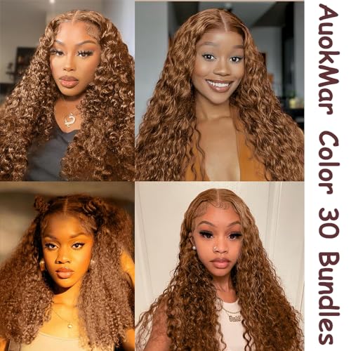 AuokMar #30 Brown Deep Wave Human Hair 3 Bundle Pack