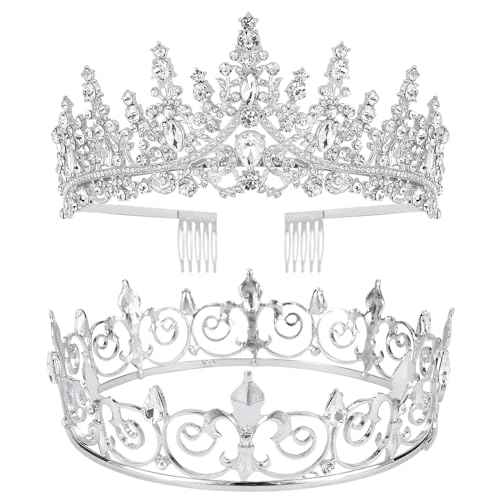 VELSCRUN 2 Pcs Tiara Crown for Men Women, Silver Crowns for Men Metal, King Queen Crown Tiaras, Prince Crown Princess Tiaras for Girls, Birthday Prom Wedding Halloween Party Hair Accessories B