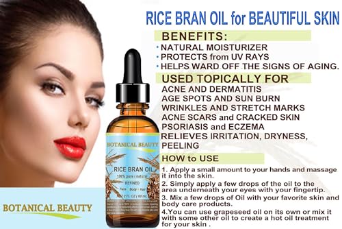 Botanical Beauty RICE BRAN OIL 100% Pure Natural Refined Undiluted Cold Pressed Carrier Oil for Face, Skin, Body, Hair, Massage, Nails. 1 Fl. oz - 30 ml