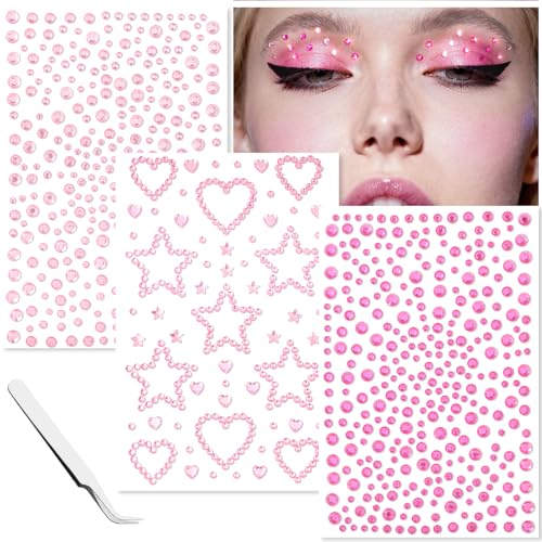 Pink Face Gems Self-Adhesive Hair Jewels,Bling Heart Star Jewels for Valentine's Day Makeup, Festival, Stick on Gems Rhinestones Stickers, Pink Face Glitter Rave Accessories for Women Girls