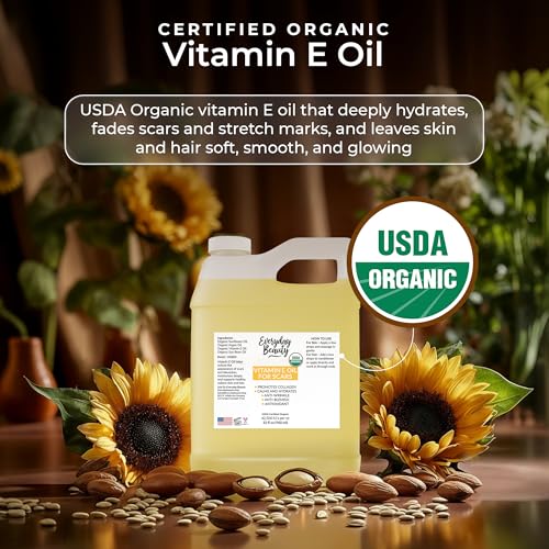 Organic Vitamin E Oil Bulk - 32oz USDA Certified 100% All Natural Plant Based - Light and Unscented Great for Scars After Surgery - For Face, Skin and Nails - Anti-Aging, Reduce Appearance of Wrinkles