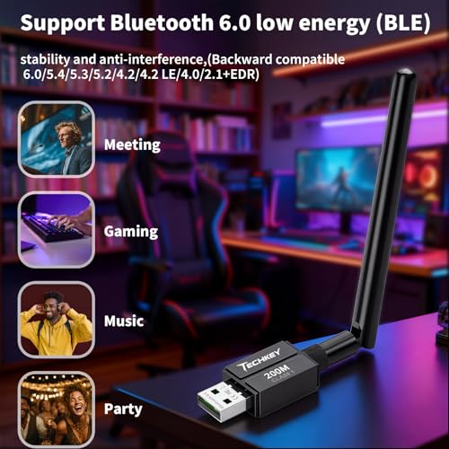 Techkey USB Bluetooth 6.0 Adapter Black - Long Range 600ft Wireless Dongle for PC & Laptop