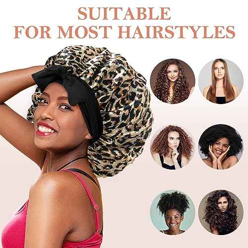 3Pcs Silk Bonnet for Sleeping, Satin Hair Bonnets for Black Curly Hair Women Jumbo Bonnet with Tie Band Braids (Black Leopard Rose-pink)