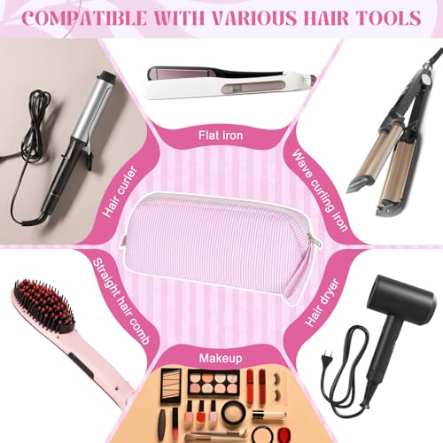 Huhumy Hair Tool Travel Bag - Pink Seersucker, Wide Opening