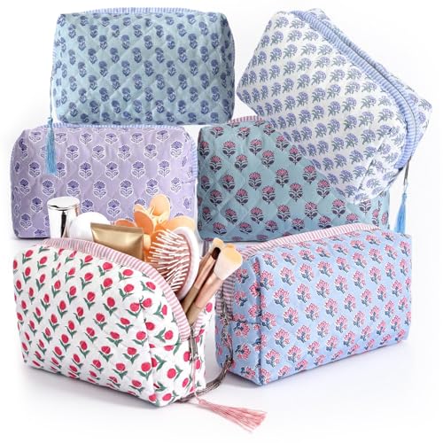 Kacctyen Floral Quilted Makeup Bag Set - 6 Pcs Cotton Travel Pouches